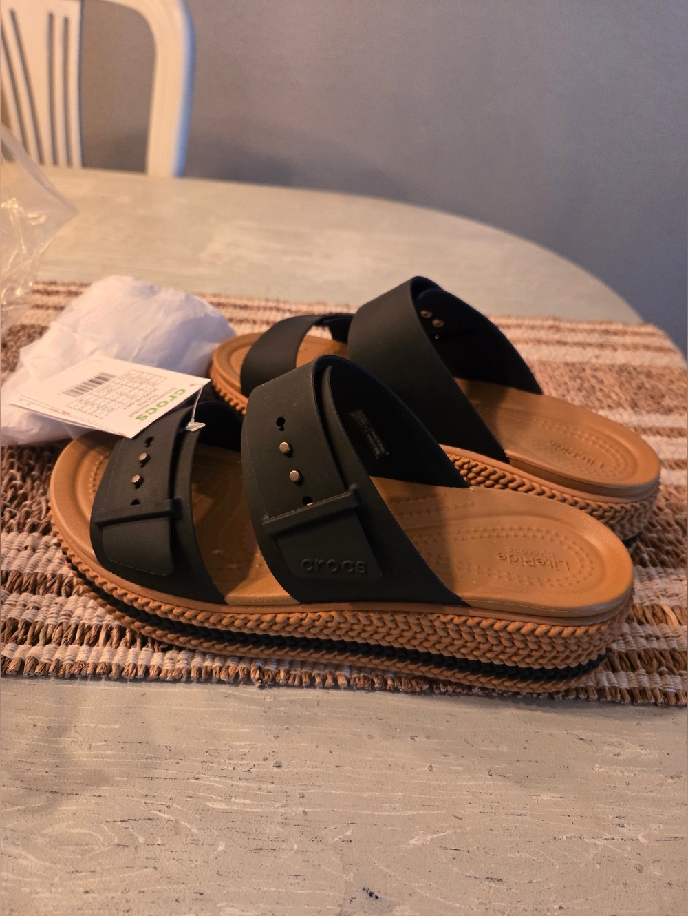CROCS Black Strappy Slide Sandals with Tan Footbed